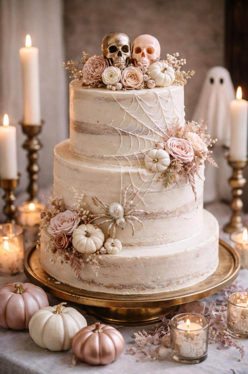 A two-tiered white cake decorated with skulls, a spider, cobwebs, pale flowers, and mini pumpkins. Surrounded by candles and pumpkins, with a ghost decoration in the background.