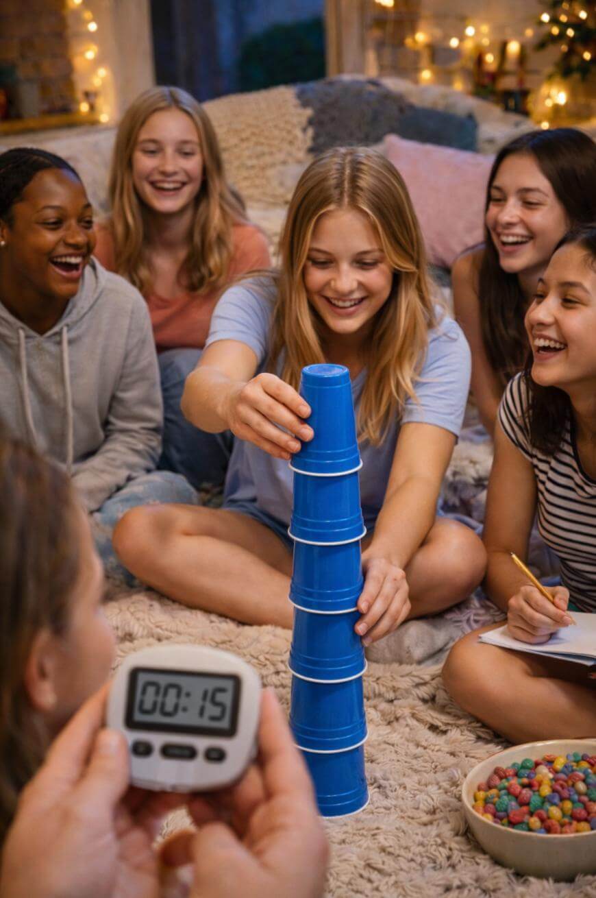 Five smiling teenage girls sit on the floor in a cozy room, stacking blue plastic cups, while someone holds a timer reading 15 seconds. A bowl of colorful cereal is nearby. The atmosphere is cheerful and playful.