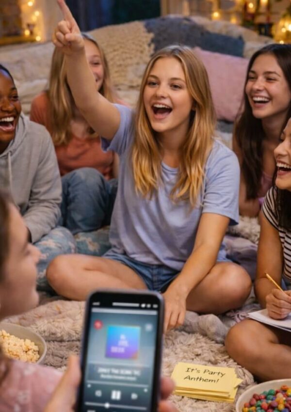A group of smiling teenage girls sit on a bed at a sleepover, laughing and playing a game. One girl points excitedly while another holds a phone displaying a music app. Snacks and a “It’s Party Anthem!” note are on the bed.