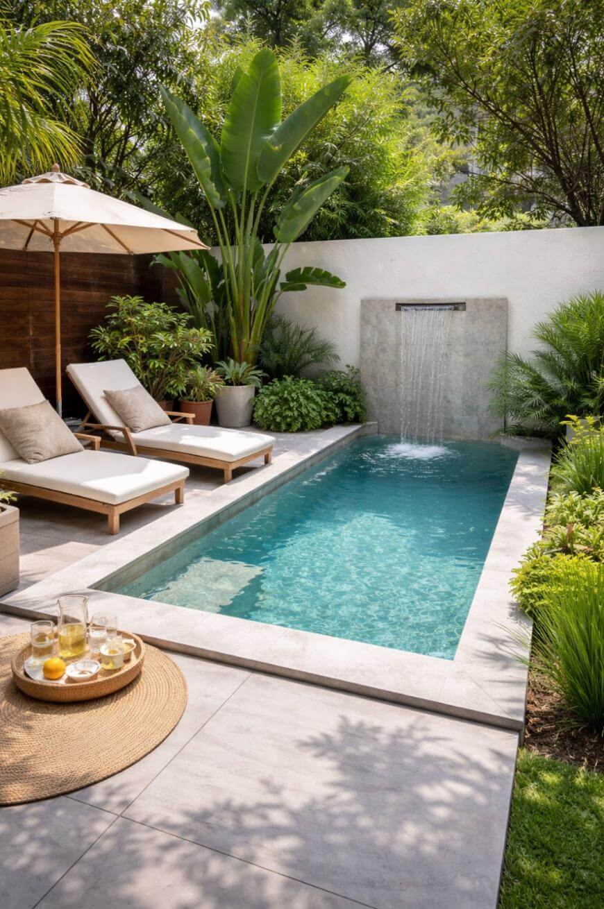 A small backyard pool with clear water, a wall fountain, two white lounge chairs with cushions, an umbrella, and lush green plants. A tray with drinks sits on a circular mat by the poolside.