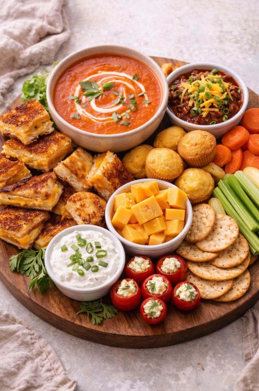 A wooden platter with grilled cheese squares, tomato soup, chili, cheese cubes, crackers, celery, carrots, cherry tomatoes stuffed with dip, cornbread muffins, dip, and fresh herbs.