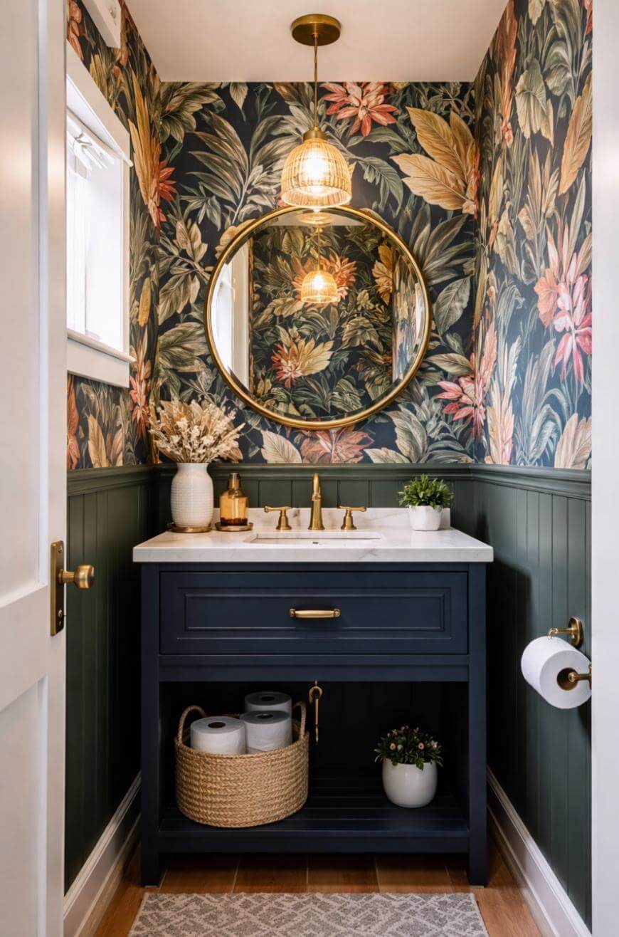 A small bathroom with floral wallpaper, a round mirror, gold light fixture, navy vanity with white sink, and gold faucet. Basket with towels and a plant sit below the sink; toilet paper is on a wall holder.