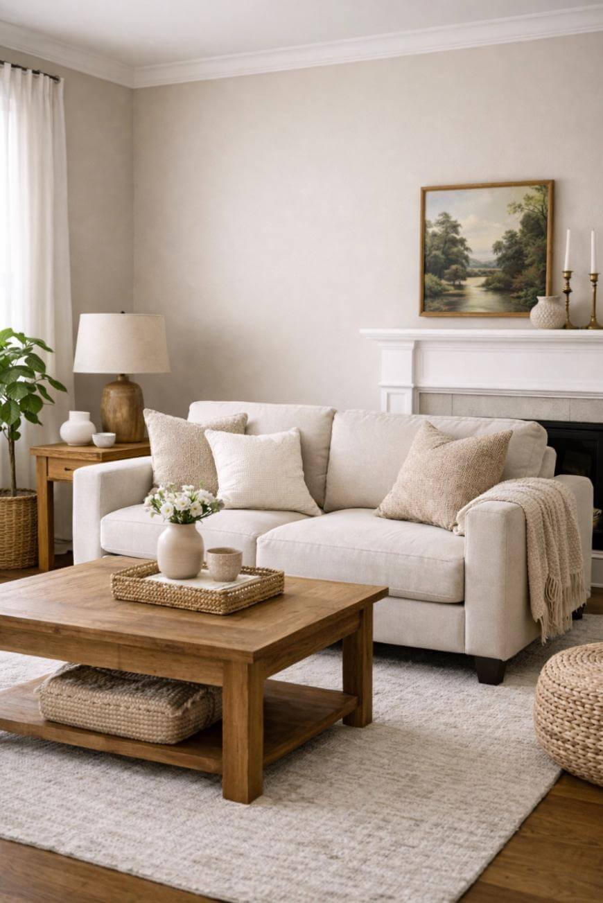 A cozy living room with a beige sofa, light neutral pillows, a wooden coffee table with decor, a potted plant, a lamp, and a fireplace with candles and artwork. Soft natural light fills the space.