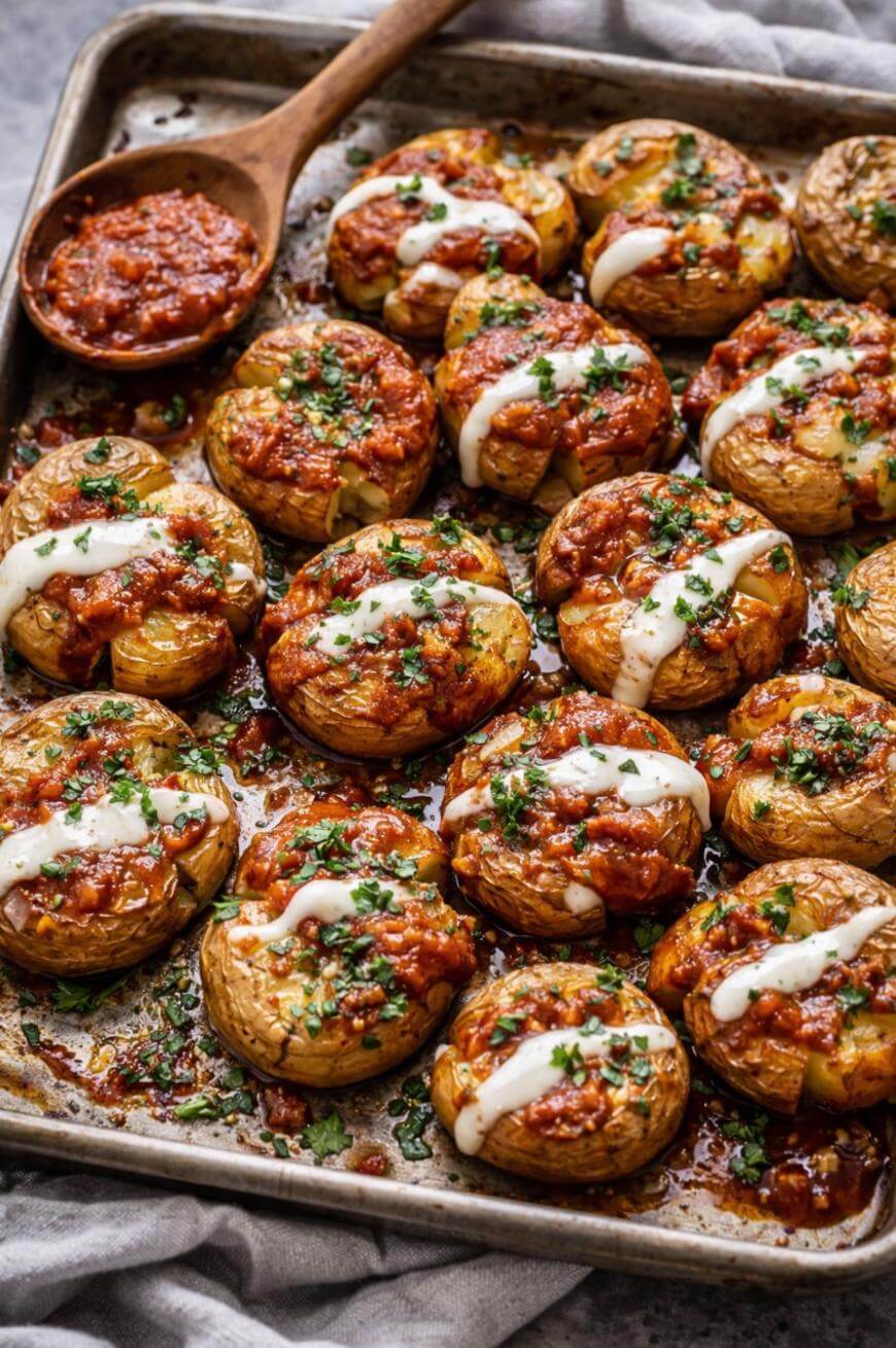 A baking sheet filled with smashed roasted potatoes topped with red sauce, a drizzle of white sauce, and chopped herbs. A wooden spoon with red sauce rests on the side, and a light cloth is underneath the tray.