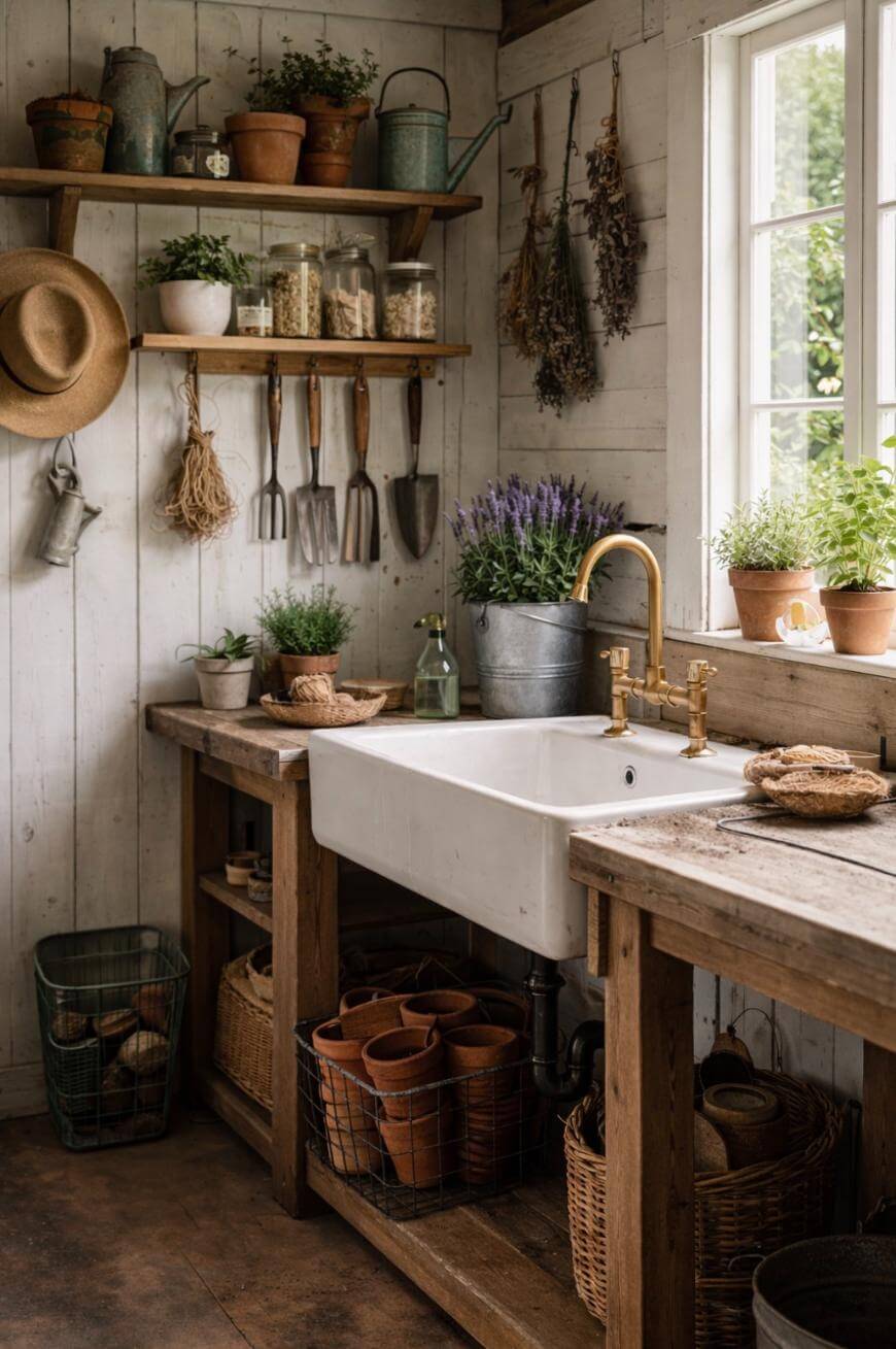 A rustic potting shed interior with a farmhouse sink, wooden countertops, potted plants, gardening tools hanging on the wall, baskets, and jars on shelves. Sunlight streams in through a window beside the sink.