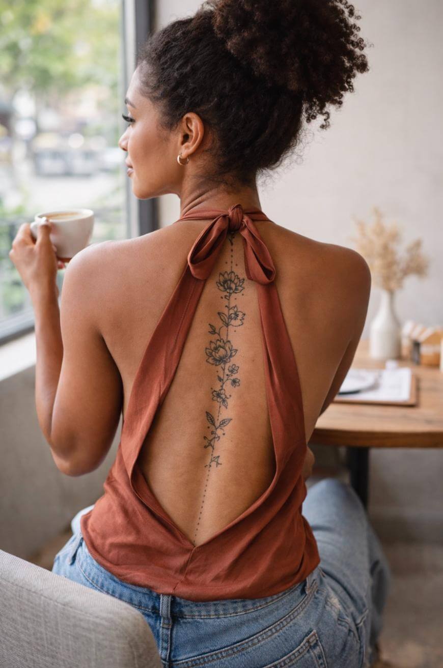 A woman with curly hair in a bun, wearing a backless brown top and jeans, sits by a window holding a cup. A floral tattoo runs down her spine. A table with a notepad and vase is beside her.