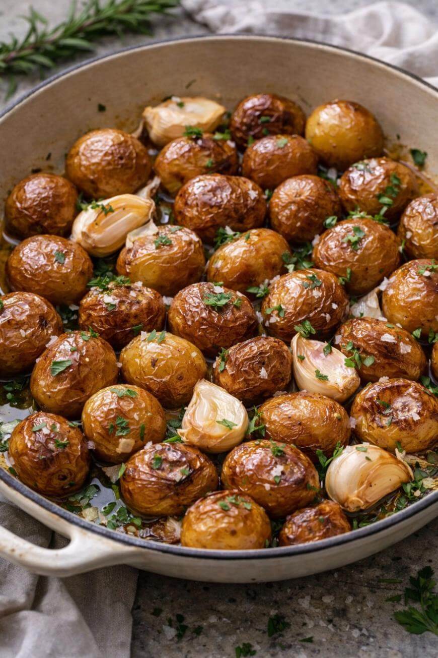 A pan filled with roasted baby potatoes, whole garlic cloves, and chopped herbs sits on a countertop. The potatoes have crispy, golden-brown skins and are garnished with fresh parsley.