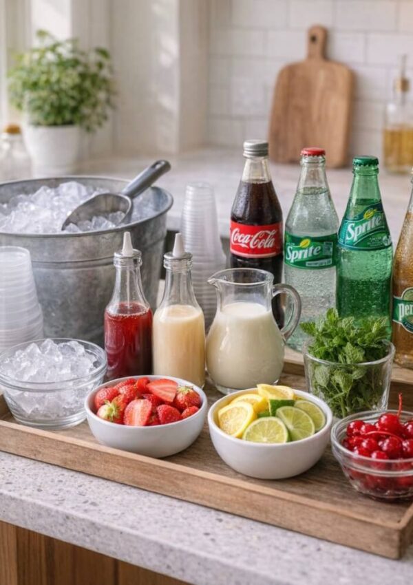 A drink station with bottles of Coke, Sprite, and Perrier, a metal bucket of ice, cups, pitchers of cream, and bowls of strawberries, cherries, lime and lemon slices, mint, and two syrups on a kitchen counter.