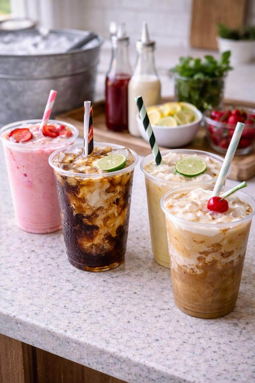 Four iced drinks in clear cups sit on a kitchen counter. From left to right: a pink strawberry smoothie, a dark iced coffee with lime, a yellow drink with lime, and a tan drink with a cherry. Ingredients are in the background.