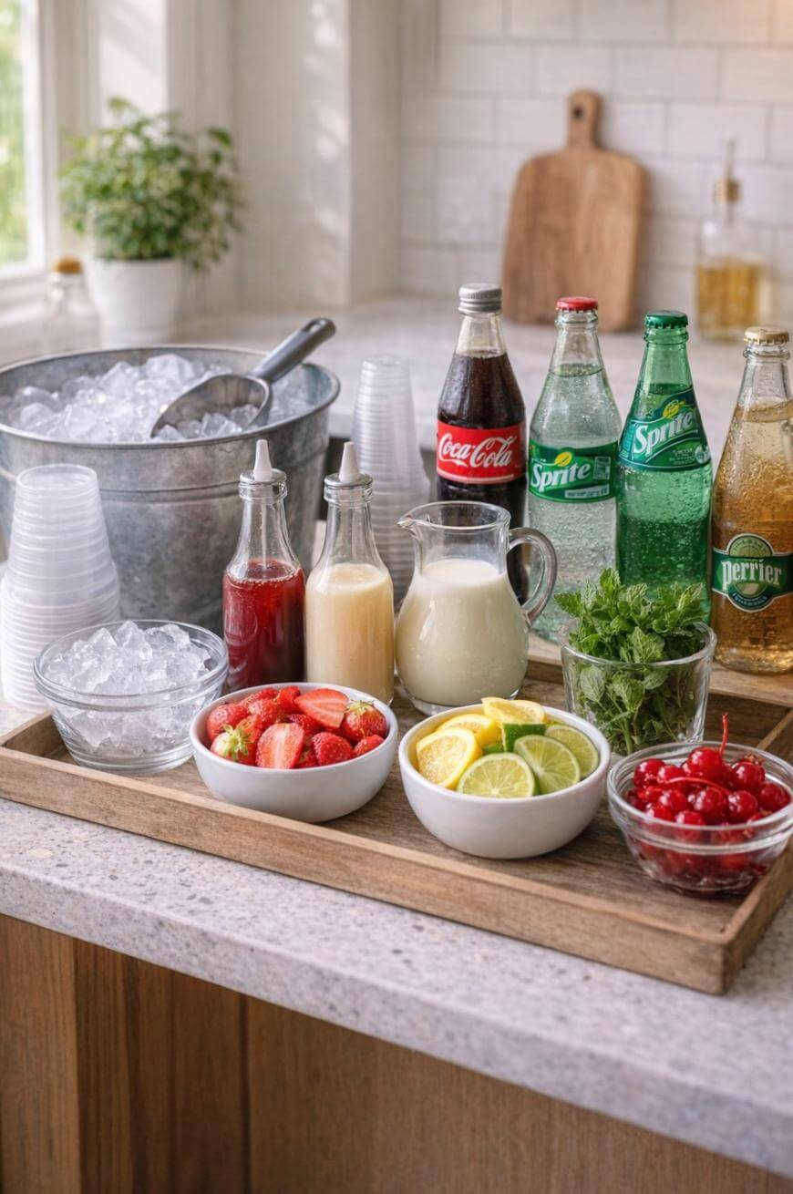 A tray with bowls of sliced strawberries, limes, and cherries, bottles of Coca-Cola, Sprite, Perrier, glass pitchers of juice, herbs, and a bucket of ice with cups on a kitchen counter.