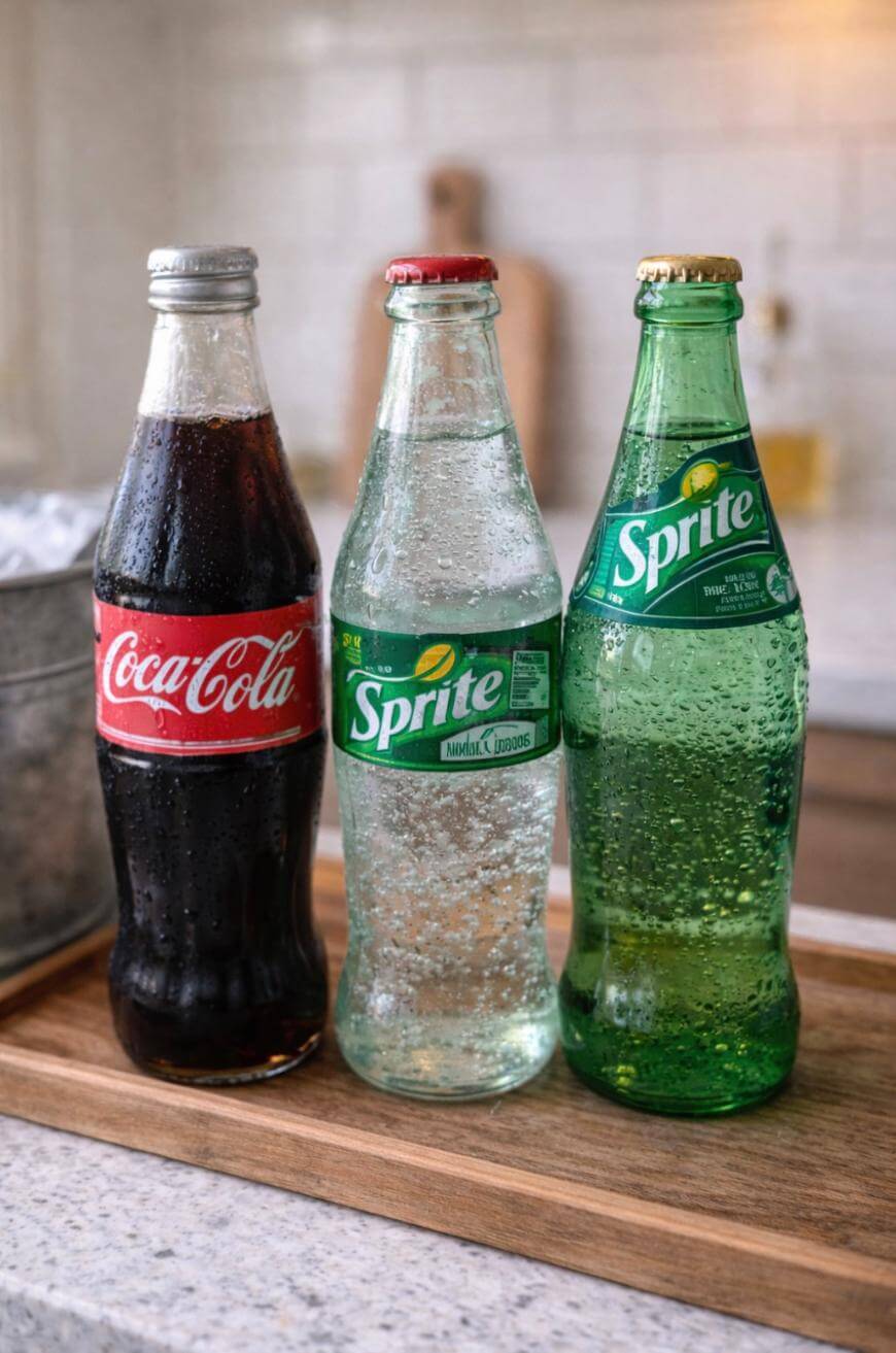Three glass soda bottles—one Coca-Cola and two Sprite—stand side by side on a wooden tray. The bottles are cold and have visible condensation, with a kitchen background out of focus.