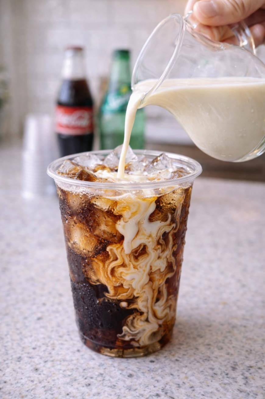 A hand pours creamy liquid into an iced dark coffee in a clear plastic cup, creating swirling patterns. In the background, there are blurred bottles and cups on a counter.