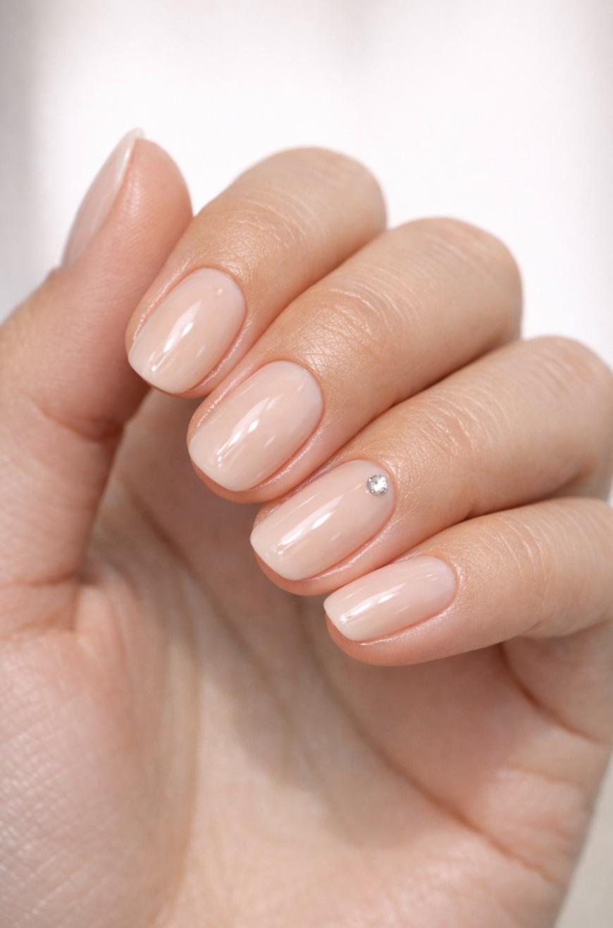 A close-up of a hand with neatly manicured nails painted in a glossy nude color. One nail features a small, round, silver embellishment near the base.