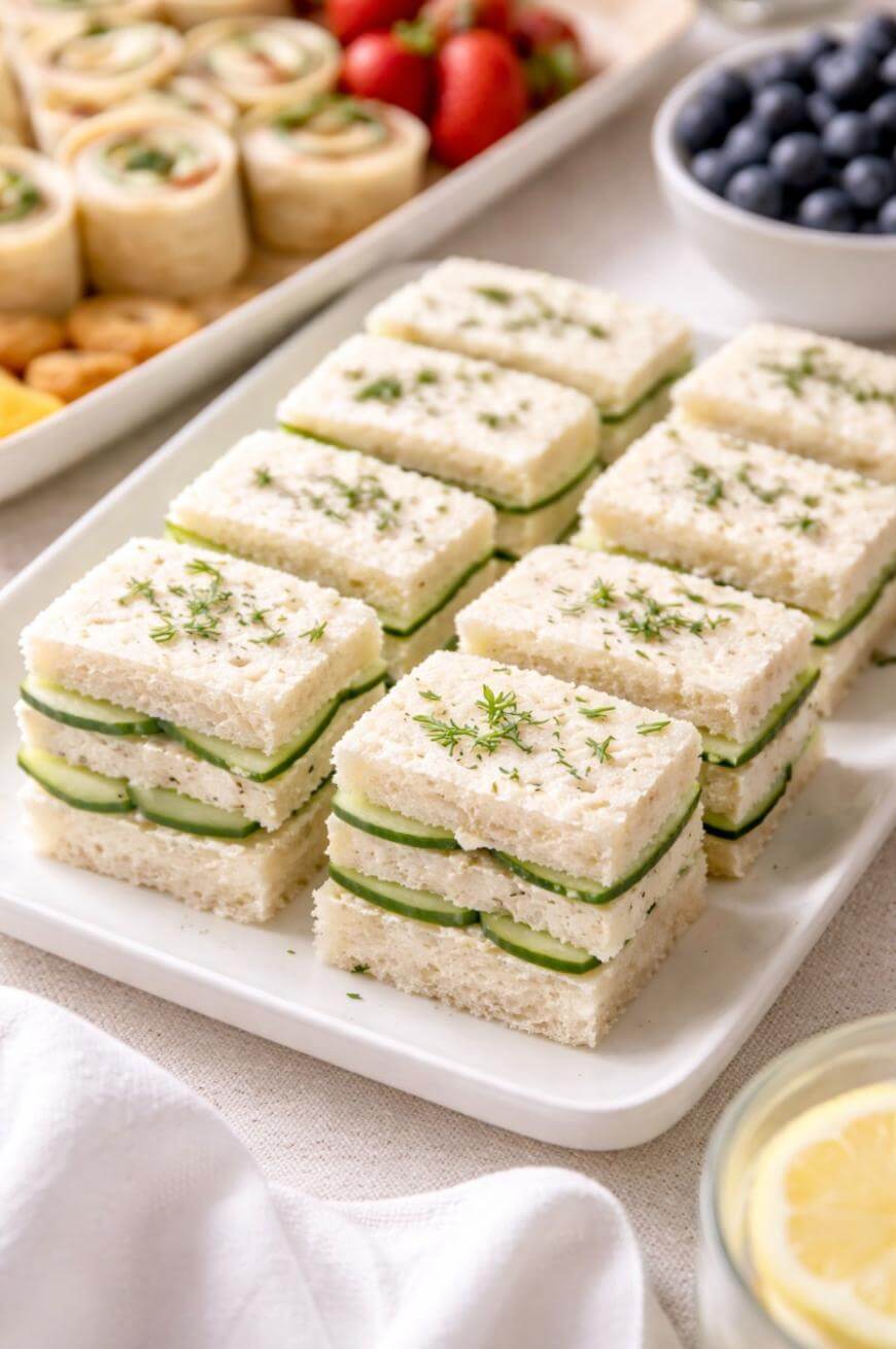 A plate of neatly stacked rectangular cucumber tea sandwiches on white bread, garnished with fresh herbs. In the background, there are blueberries, strawberries, rolled sandwiches, and a glass of lemon water.