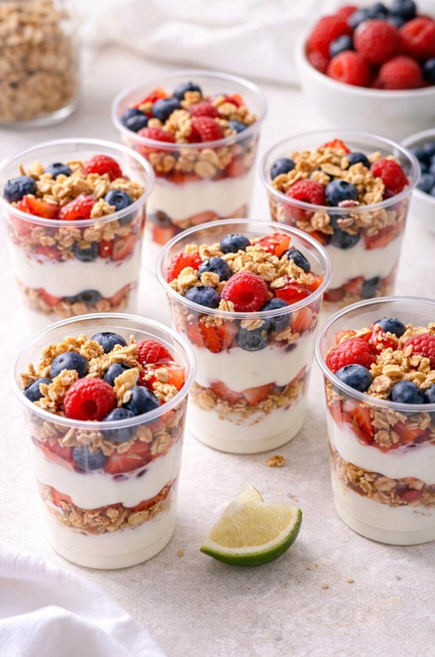 Six clear cups filled with layered parfaits of yogurt, granola, strawberries, blueberries, and raspberries are arranged on a light surface. A lime wedge and bowls of granola and berries are in the background.