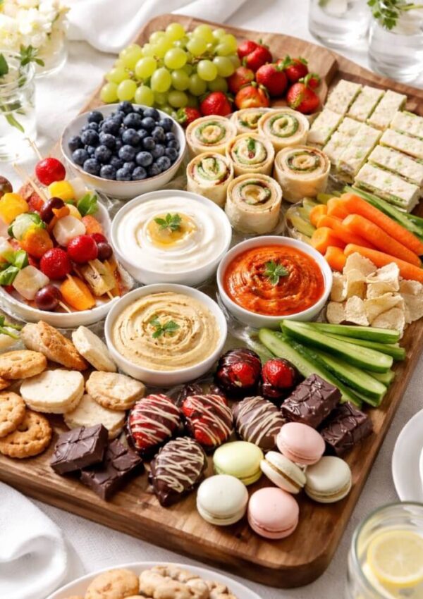 A wooden platter filled with assorted fruits, veggie sticks, crackers, pastries, macarons, chocolate, dips, and finger sandwiches, arranged neatly for a party or gathering.