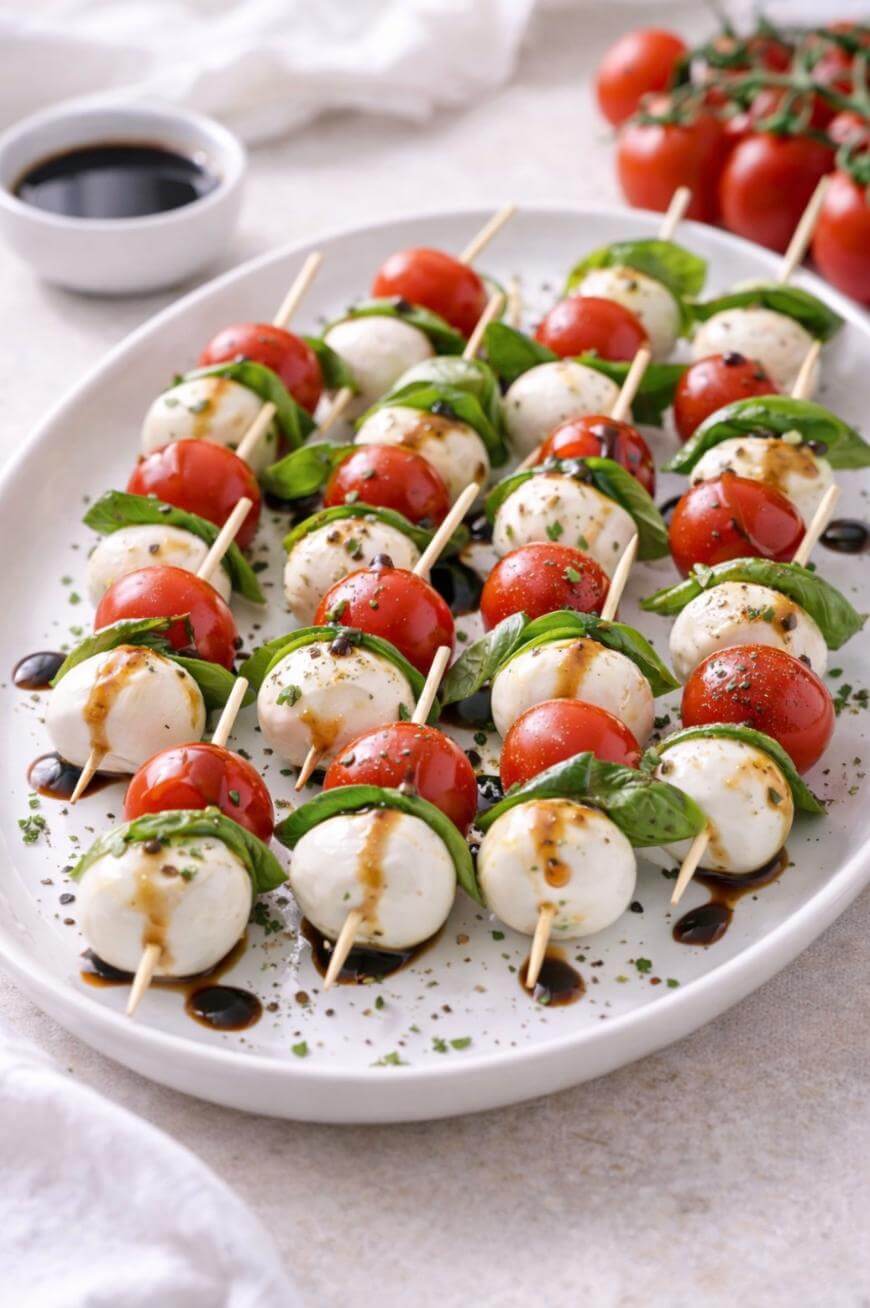 A white oval plate with skewers of cherry tomatoes, mozzarella balls, and fresh basil leaves, drizzled with balsamic glaze. In the background are whole tomatoes and a small bowl of balsamic.