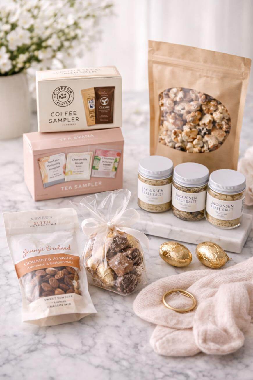 A gift set displayed on a marble table, featuring coffee and tea samplers, popcorn, nut mix, three jars of sea salt, gold-wrapped treats, a white pouch of sweets, cozy pink socks, and gold bracelets. White flowers are in the background.