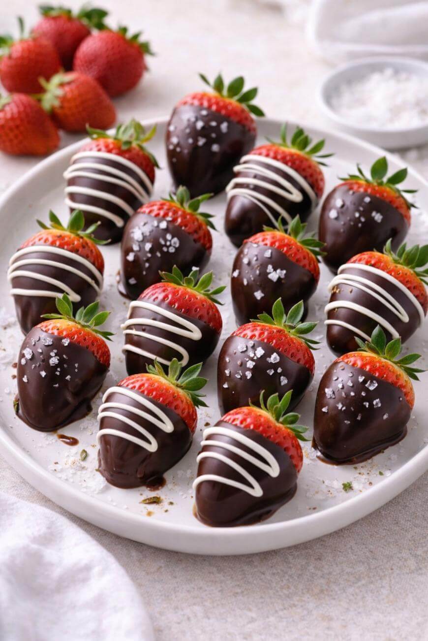 A plate of fresh strawberries dipped in dark chocolate, some decorated with white chocolate drizzle and others sprinkled with sea salt. More strawberries and a bowl of salt are visible in the background.