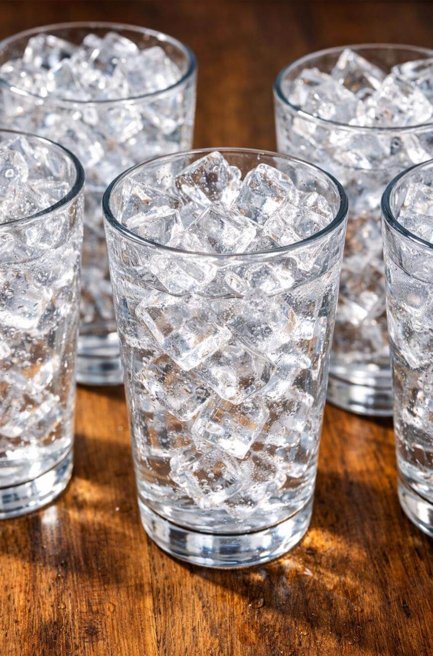Four clear glasses filled with ice cubes are arranged on a wooden surface. The ice cubes are transparent and fill each glass to the top. The background shows the wooden texture of the tabletop.