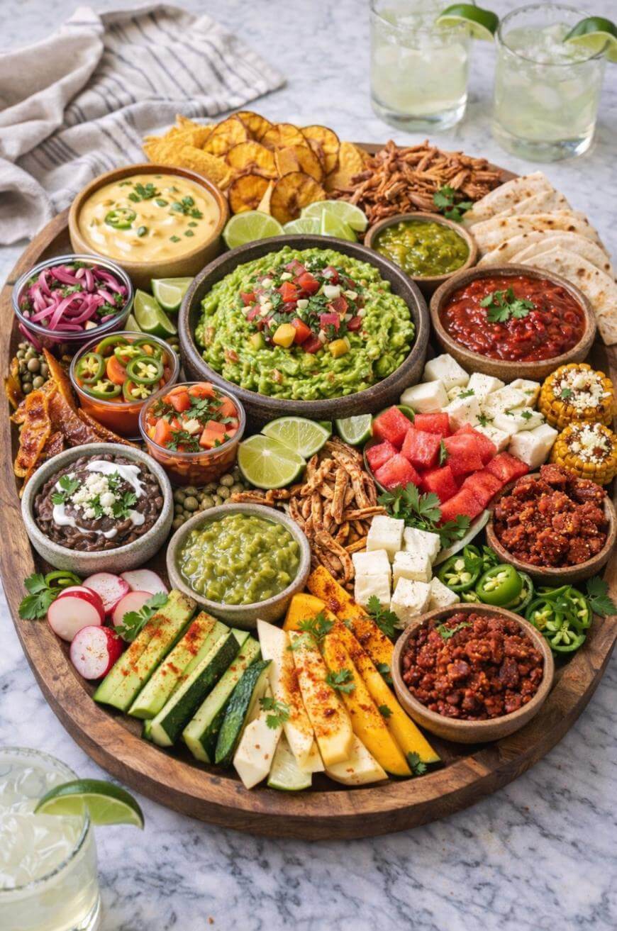 A large wooden platter filled with guacamole, salsa, queso dip, shredded meat, cheese cubes, grilled corn, watermelon, sliced vegetables, tortilla chips, pickled onions, and lime wedges, surrounded by two glasses of drinks.