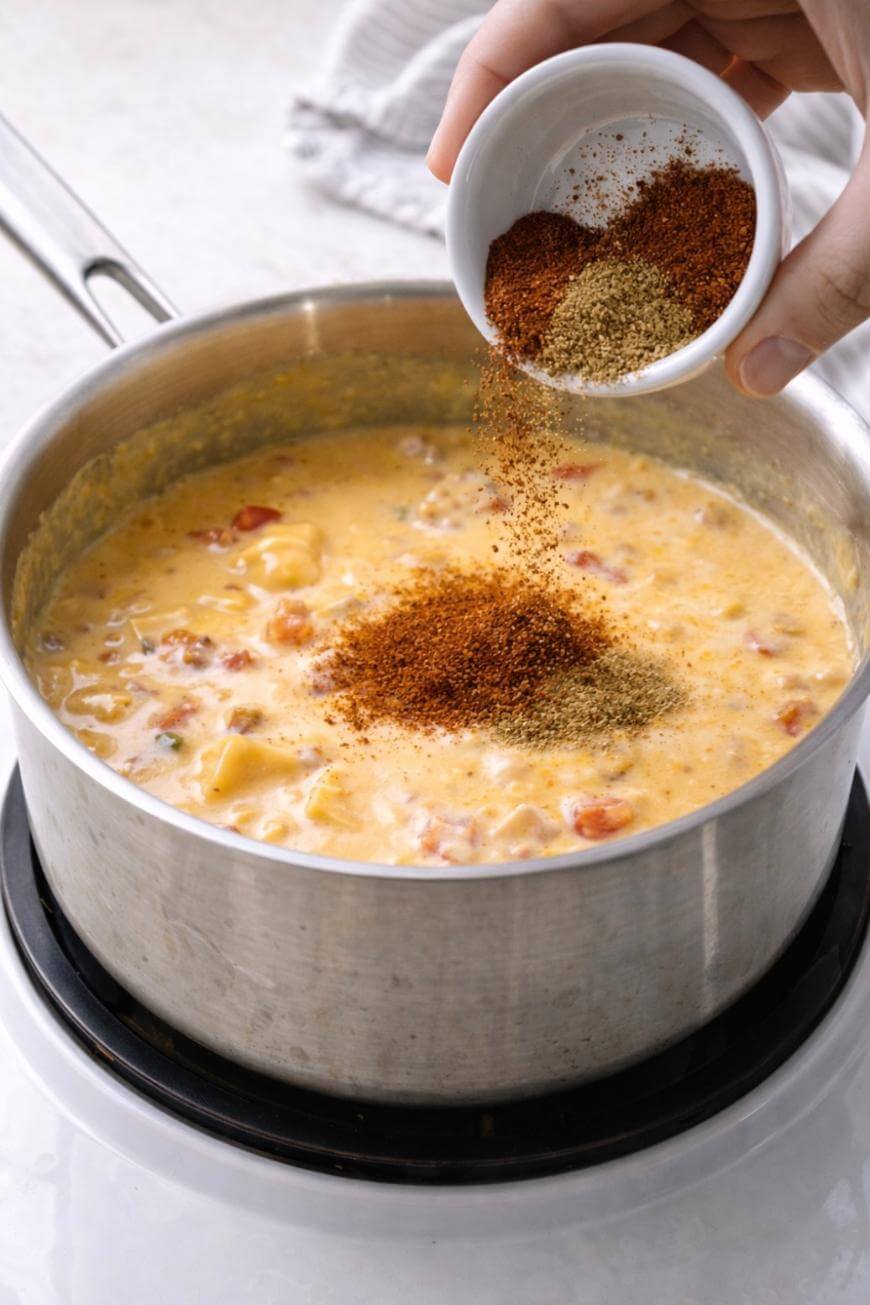 A hand pours chili powder and cumin from a small white bowl into a pot of creamy cheese dip with tomatoes on a stovetop.