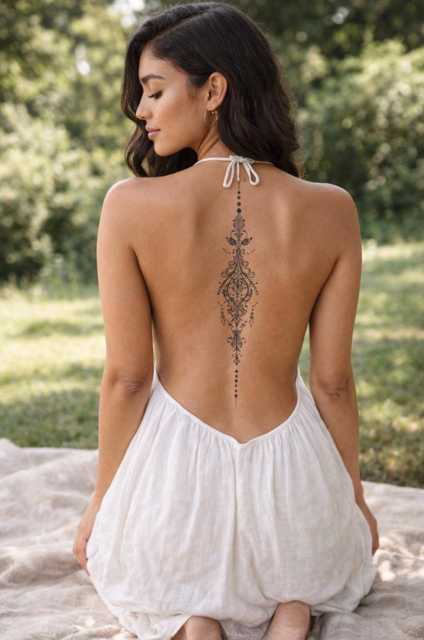 A woman with long dark hair sits outdoors on a blanket, wearing a backless white dress that reveals an ornate black tattoo running down the center of her back. Green trees and sunlight are visible in the background.