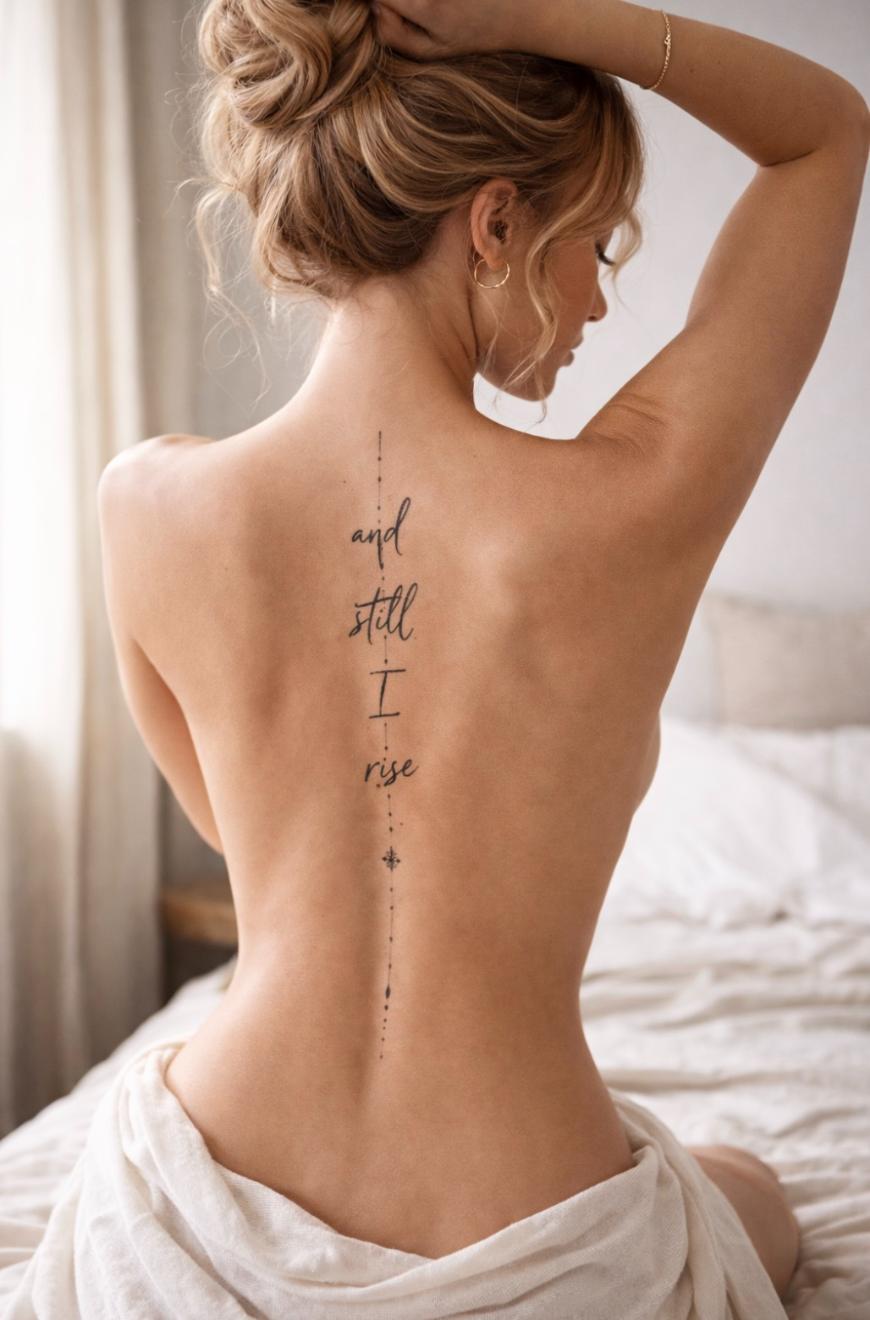 A woman with her back to the camera sits on a bed, a white sheet wrapped around her waist. She has a vertical spine tattoo that reads, and still I rise, in flowing script. Her hair is in a loose bun.