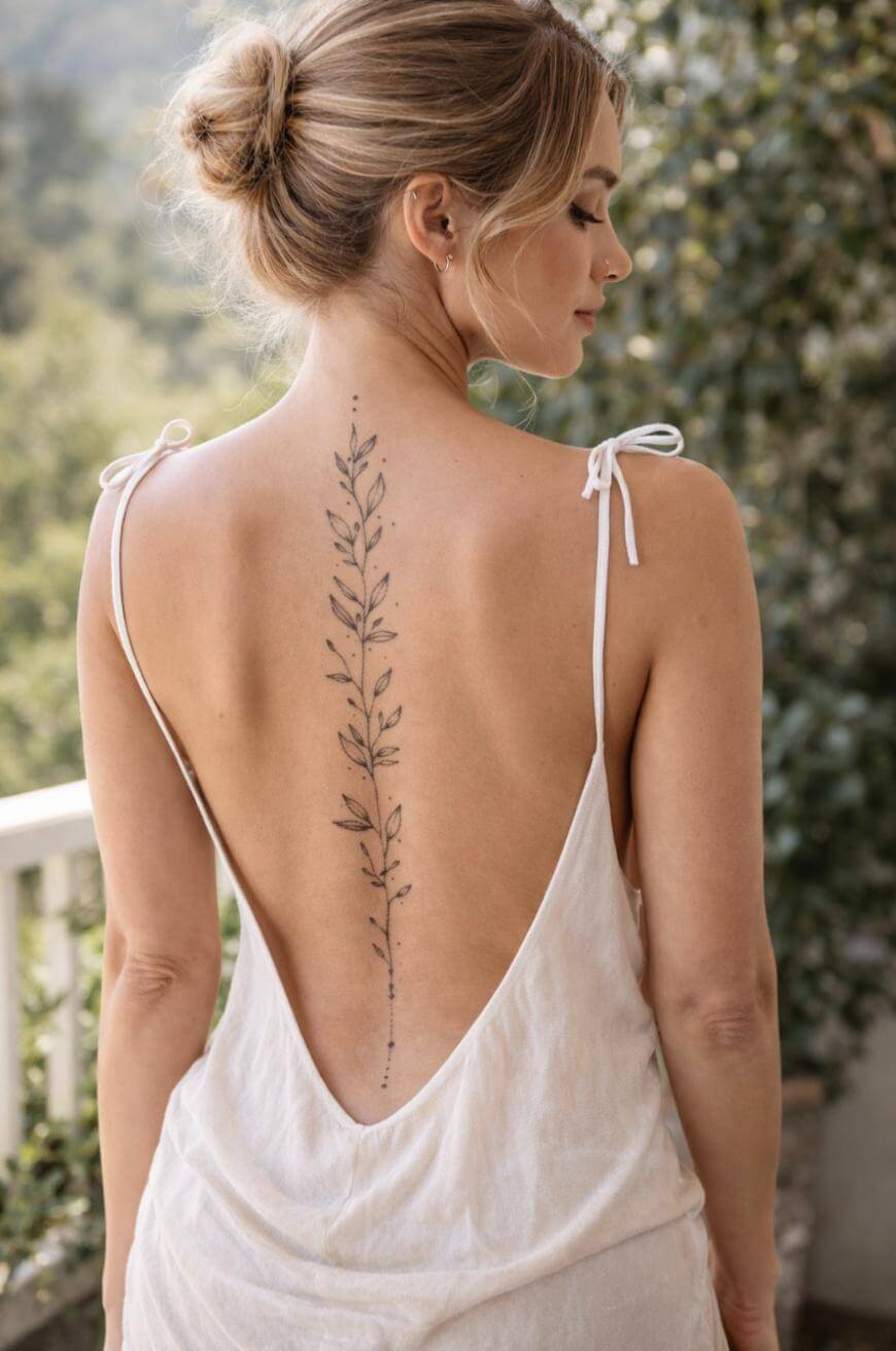 A woman with blonde hair in a loose bun wears a backless white dress, revealing a long, delicate botanical tattoo running down her spine. She stands outdoors, with greenery and sunlight in the background.