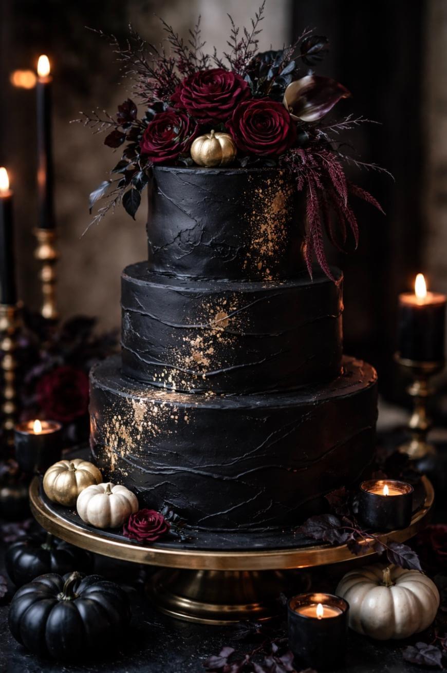 A three-tiered black cake with gold accents, decorated with dark red roses, burgundy leaves, and small gold and white pumpkins, sits on a gold stand surrounded by black candles and autumn-themed decor.