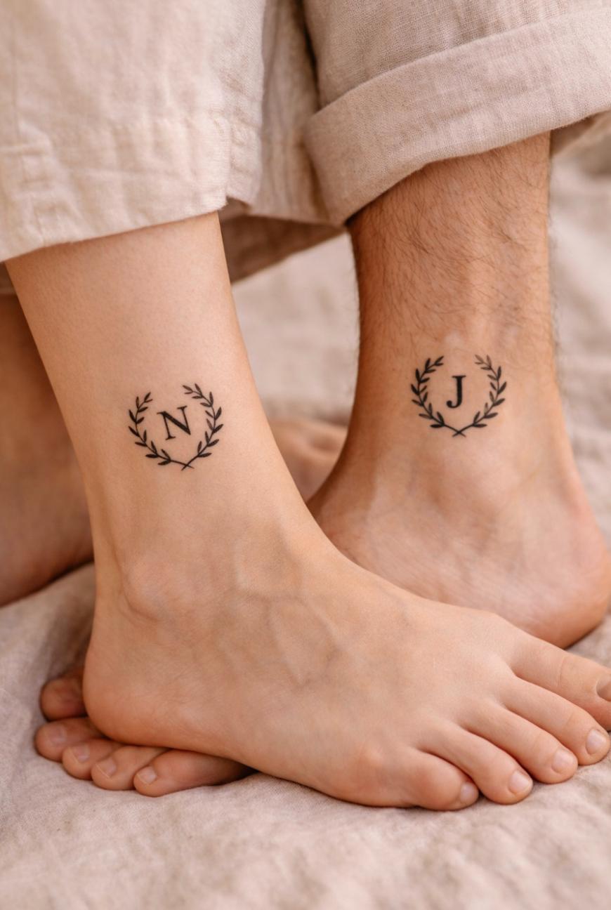 Two ankles with matching tattoos: a single letter (N and J) surrounded by a laurel wreath design, on bare skin, with light-colored clothing visible.
