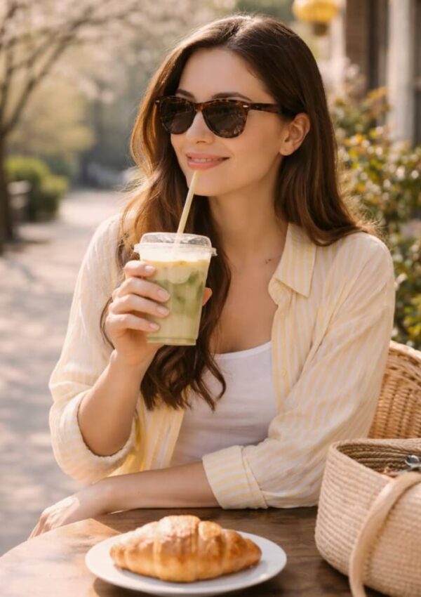 A woman wearing sunglasses and a light yellow striped shirt sits at an outdoor table, smiling while drinking an iced beverage. A croissant and a woven bag are on the table in front of her. Trees and sunlight are in the background.