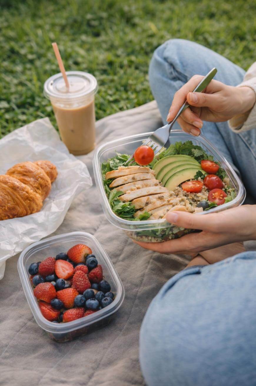 A person sitting on a picnic blanket outdoors holds a salad with chicken, avocado, tomatoes, and greens. Nearby are a croissant, a container of mixed berries, and an iced coffee with a straw.