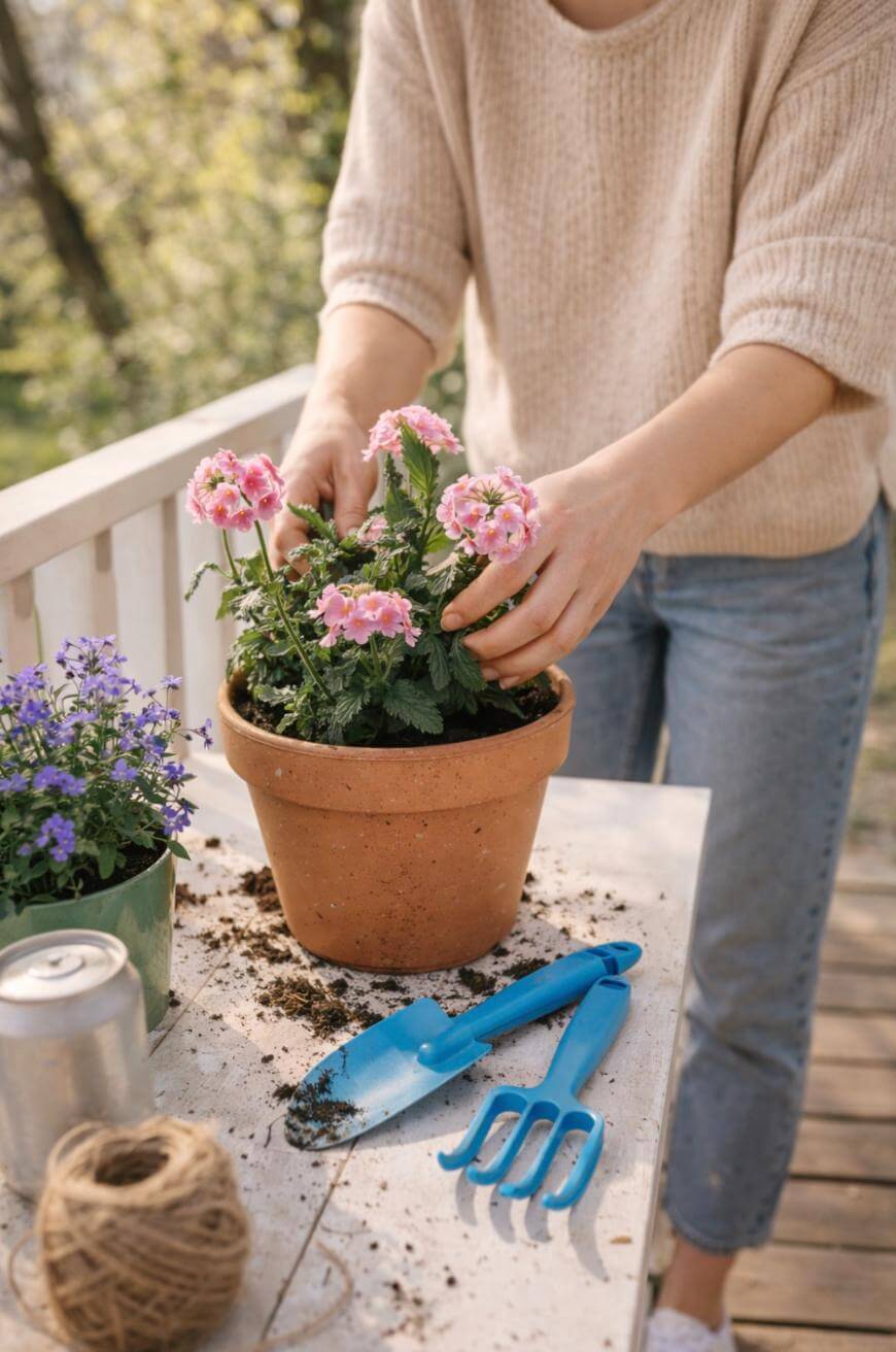 A person in a beige sweater and jeans arranges pink flowers in a terracotta pot on a white outdoor table, with blue gardening tools, twine, and another plant nearby.