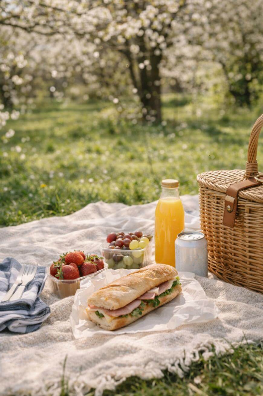 A picnic setup on a blanket features a sandwich, strawberries, grapes, a bottle of orange juice, a can, utensils, and a wicker basket, with blooming trees and greenery in the background.