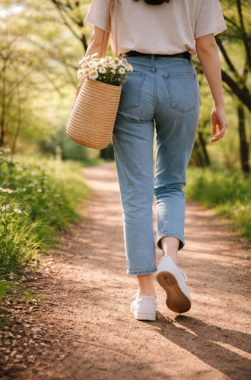 A person wearing blue jeans and white sneakers walks on a dirt path through a sunlit forest, carrying a woven bag filled with daisies.