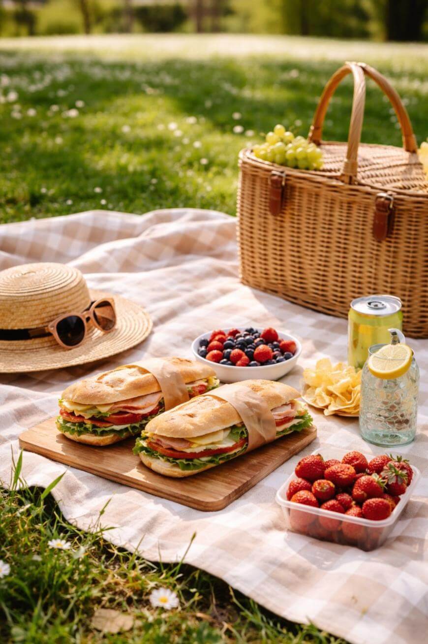 A picnic setup on a checkered blanket with two sandwiches on a wooden board, bowls of berries, a basket, a straw hat with sunglasses, a jar of lemonade, and chips, all on grass with sunlight.