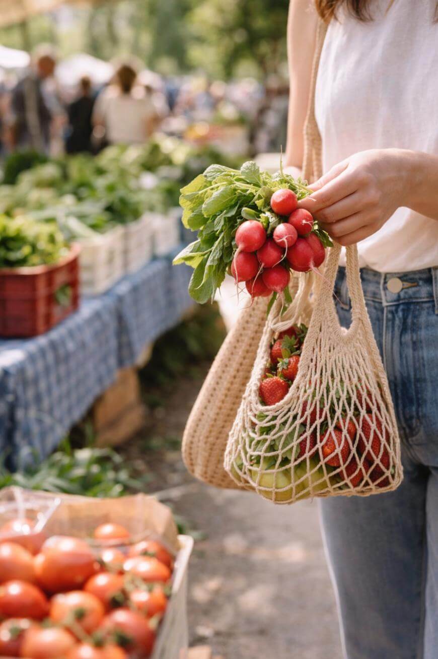 A person holding a bunch of radishes and carrying a mesh bag filled with fresh produce at an outdoor farmers market with tables of vegetables in the background.
