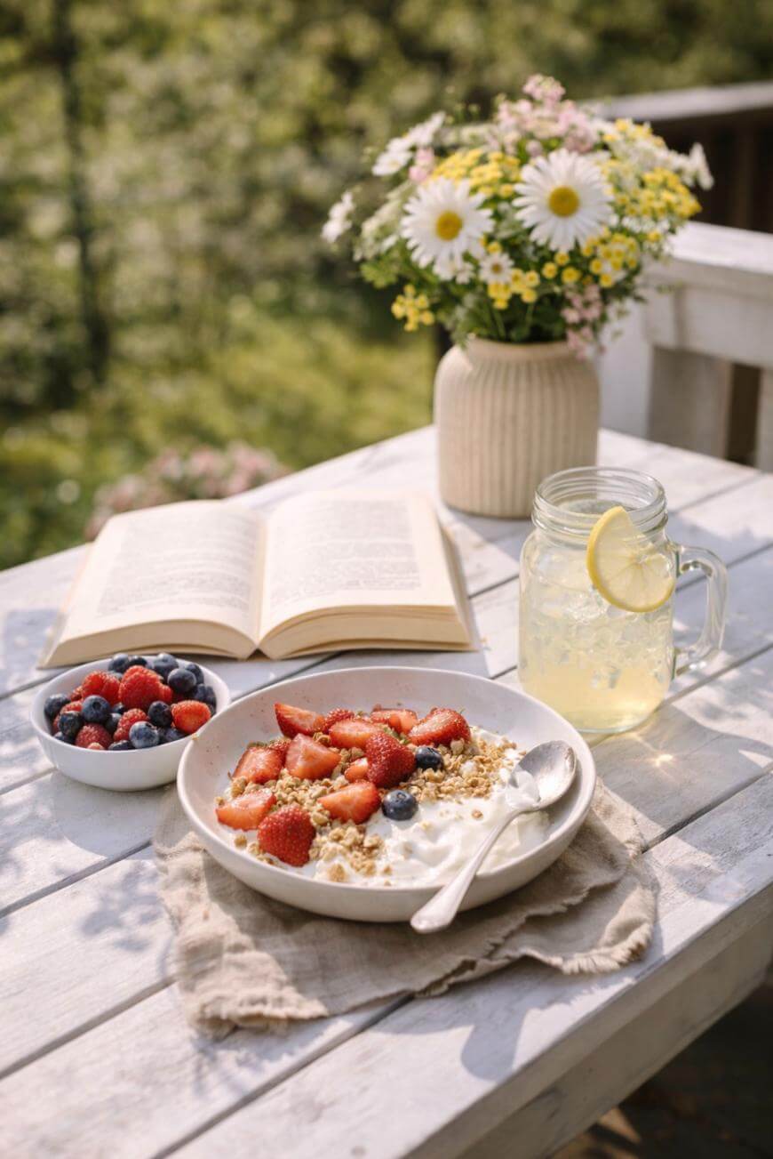 A bowl of yogurt with granola, strawberries, and blueberries sits on a rustic white table beside a smaller bowl of berries, a jar of lemonade with a lemon slice, an open book, and a vase of daisies.