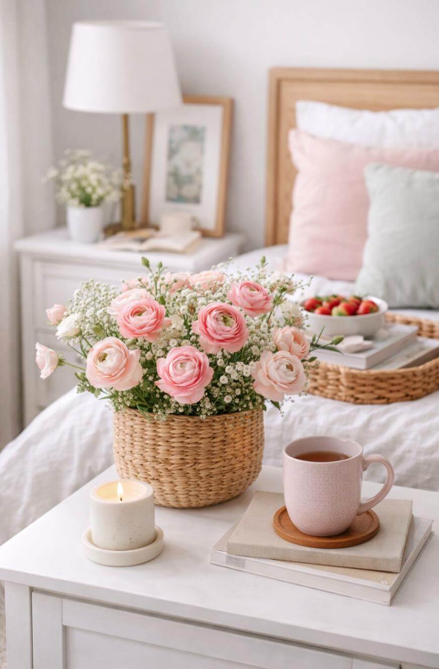 A cozy bedroom scene with a white bedside table holding a lit candle, a pink mug on a book, and a basket of pink flowers. In the background, a bed with pastel pillows and a tray of strawberries are visible.
