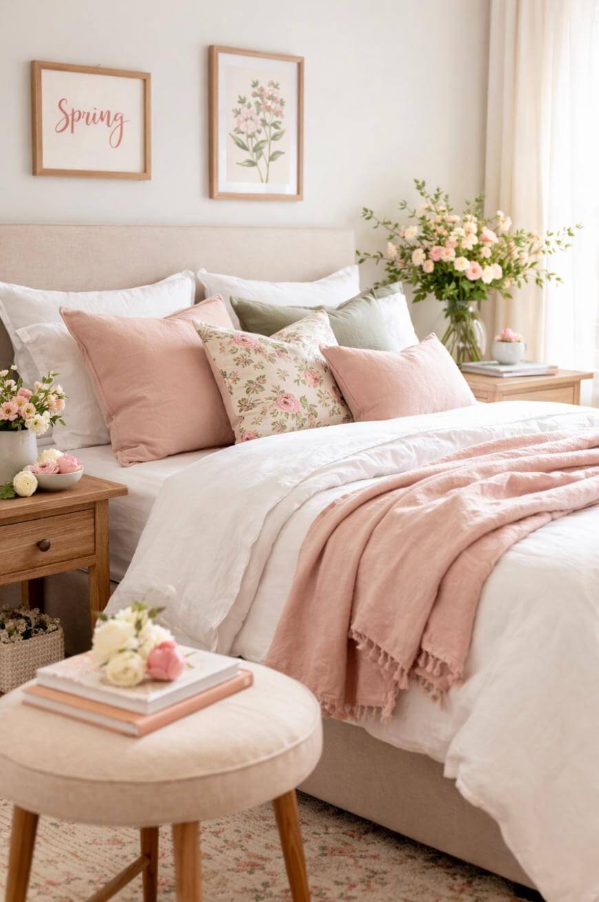 A cozy bedroom with a bed dressed in white and blush pink bedding, floral pillows, and a pink throw. Fresh flowers sit on the nightstand and stool. Framed botanical art and a Spring sign hang on the wall.
