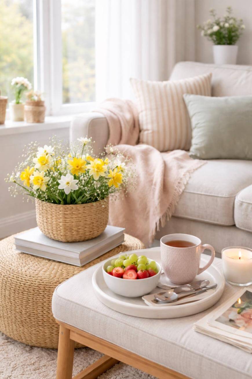 A cozy living room with a beige sofa, pastel pillows, and a pink throw. A woven basket of yellow and white flowers sits on a stack of books. A tray holds tea, fruit, and a candle on a soft ottoman by the window.