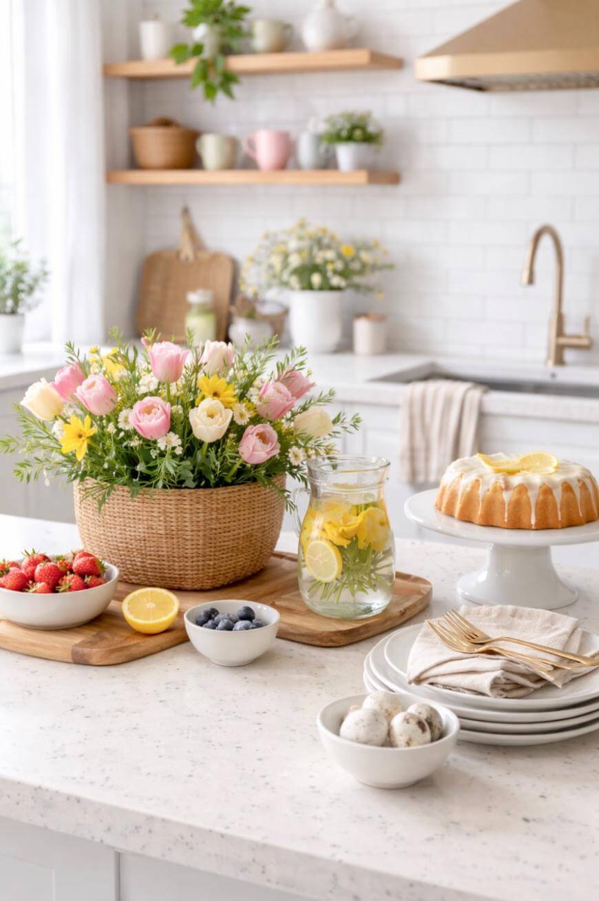 A bright kitchen with a basket of pink and yellow tulips, a glass pitcher of lemon water, a bundt cake with lemon slices, bowls of strawberries and blueberries, and stacked plates with napkins on a white countertop.