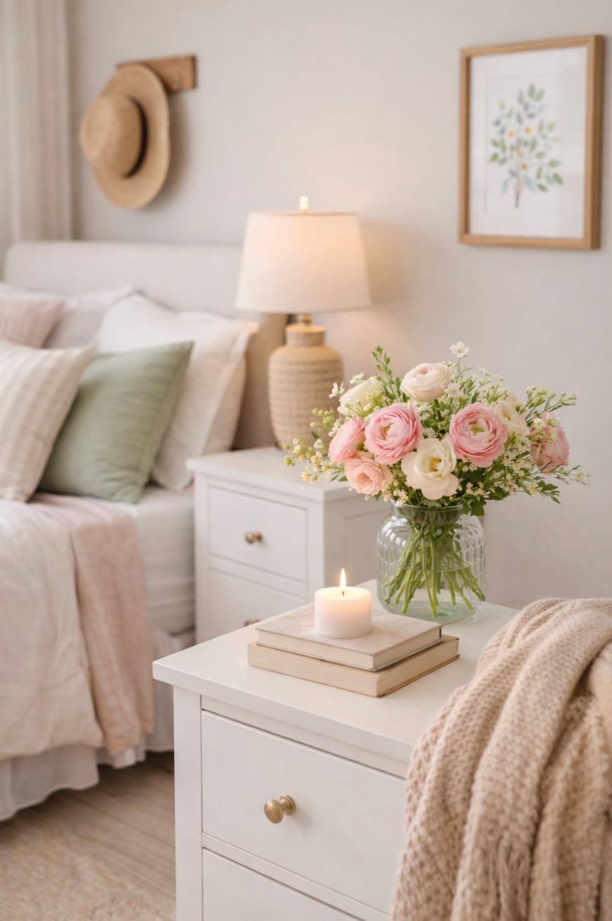 A cozy bedroom with a white nightstand holding a lit candle, two books, and a vase of pink and cream flowers. The bed has pastel pillows and a beige blanket. A lamp, wall art, and a hat on the wall are in the background.