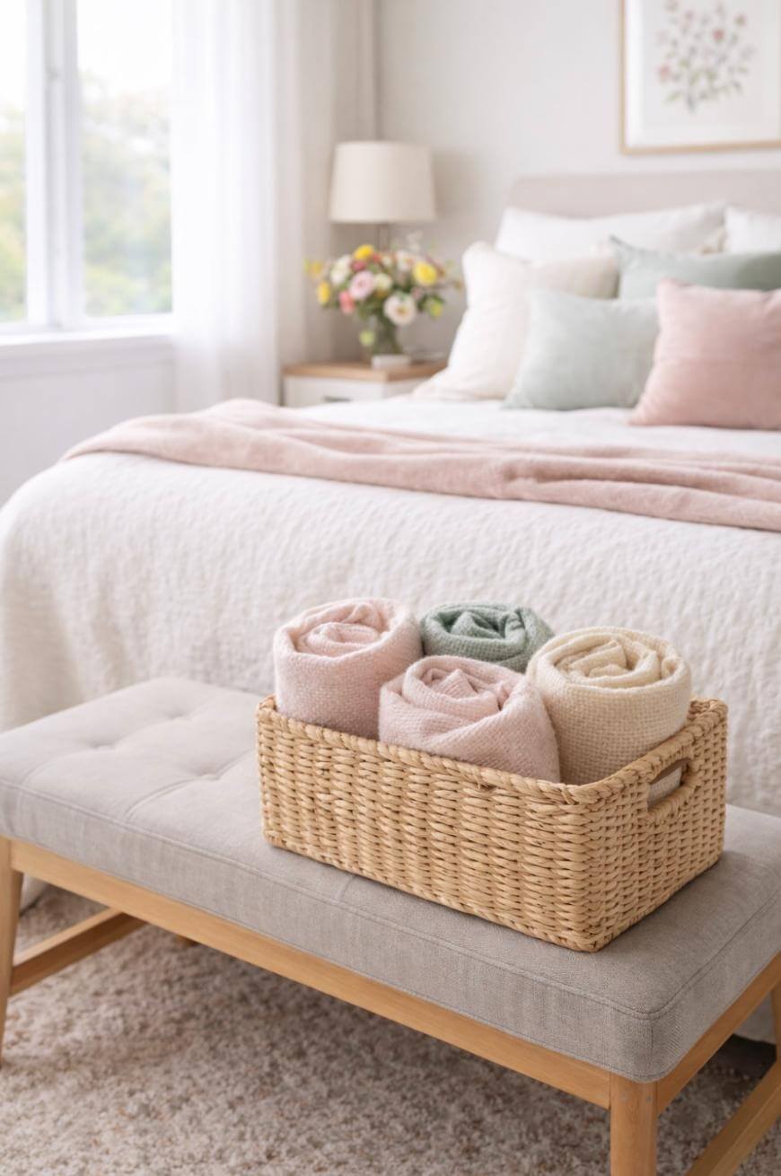 A cozy, neatly made bed with pastel pillows and a soft pink throw is in the background. In the foreground, a wicker basket with rolled pastel towels sits on a cushioned bench at the foot of the bed.