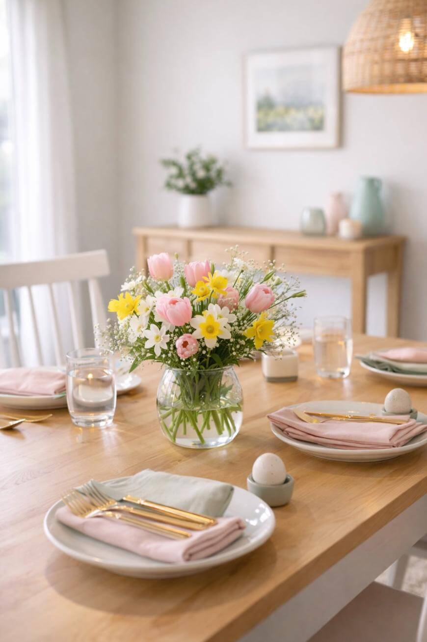 A wooden dining table set for four with pastel pink napkins, gold cutlery, plates, glasses of water, and a vase of yellow and pink flowers. The background shows a side table with vases and a framed picture.