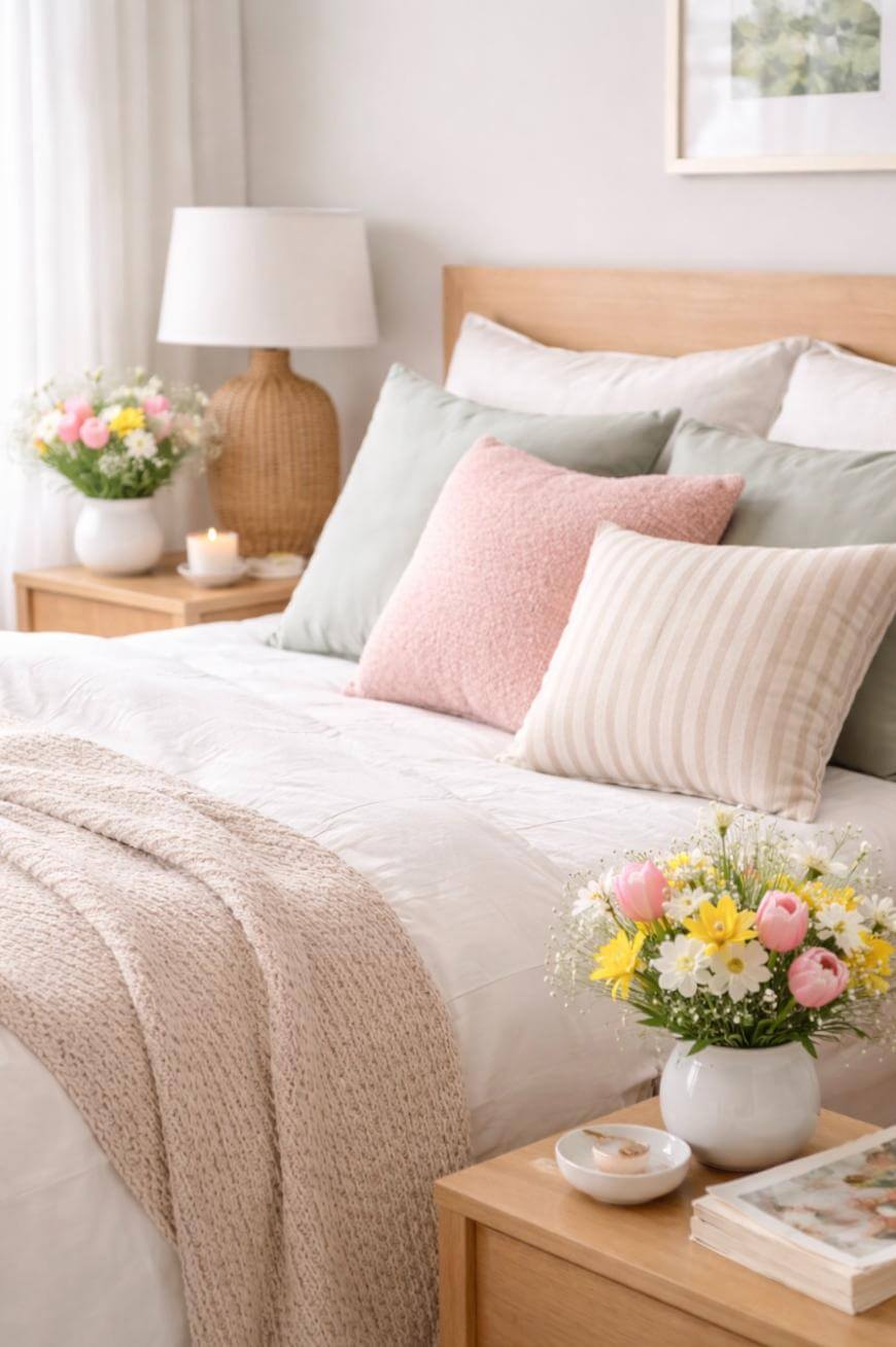 A cozy bedroom with a neatly made bed featuring pastel pillows and a beige knit throw. Fresh flowers in vases are on wooden nightstands, along with books, a lamp, and a candle, creating a calm and inviting atmosphere.