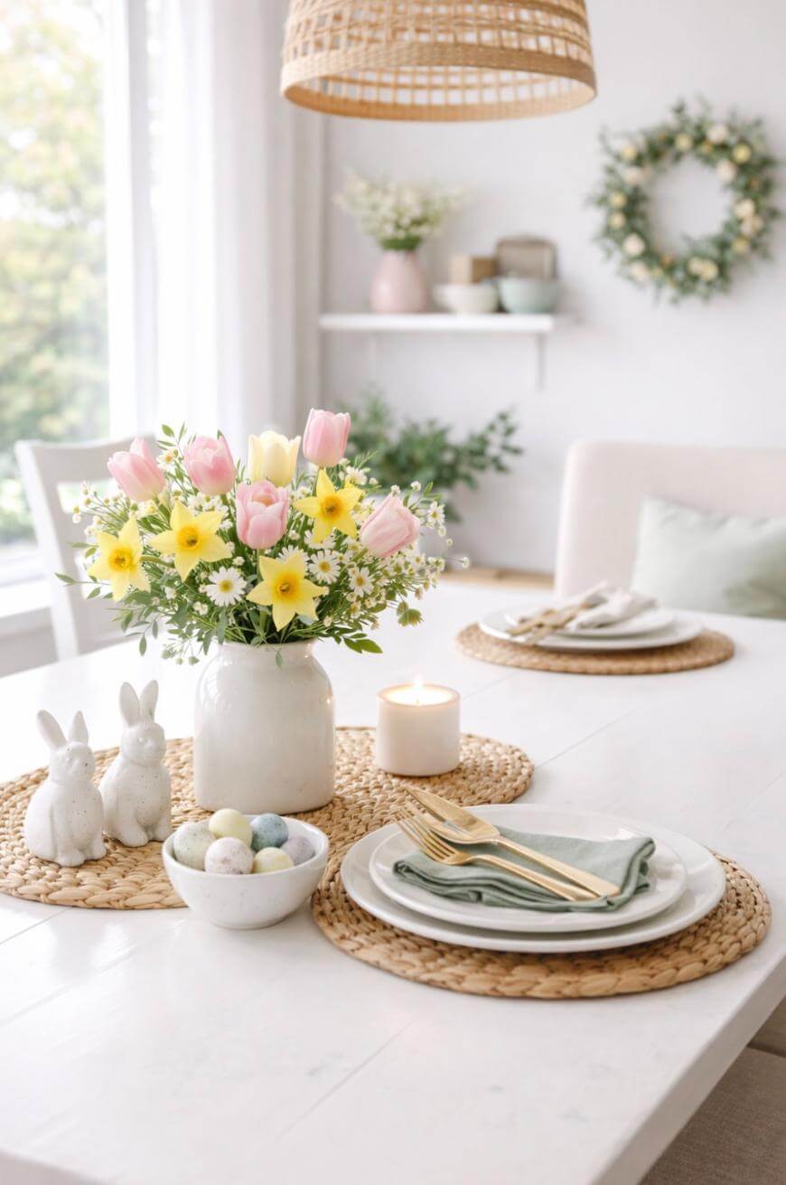 A bright dining table set for spring, decorated with a vase of pink tulips and yellow daisies, ceramic bunny figures, pastel Easter eggs in a bowl, plates with napkins, and a lit candle. A floral wreath hangs in the background.
