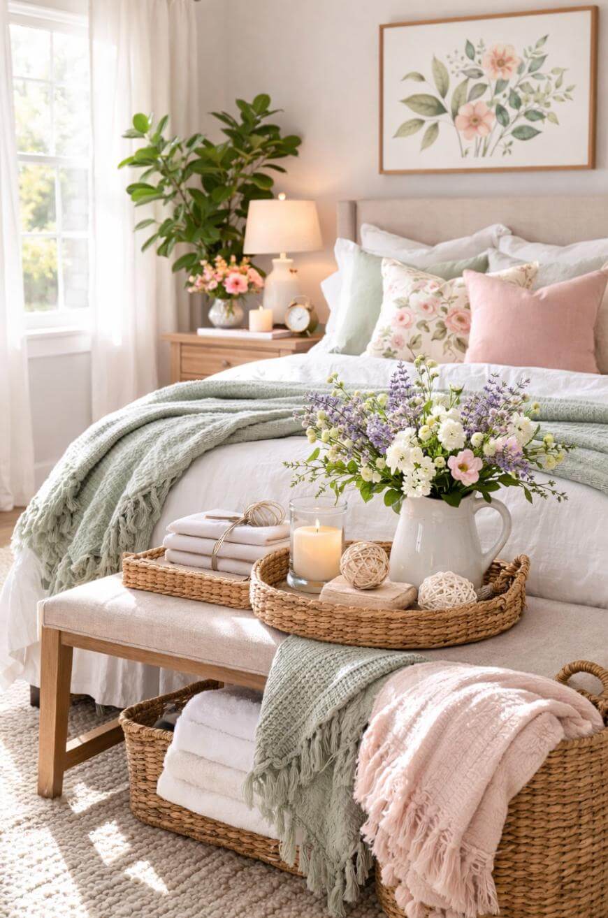 A bright, cozy bedroom with a neatly made bed, pastel pillows, and a green throw. A wooden bench holds a basket tray with flowers, a candle, and towels. Plants, sunlight, and floral decor create a fresh, inviting atmosphere.