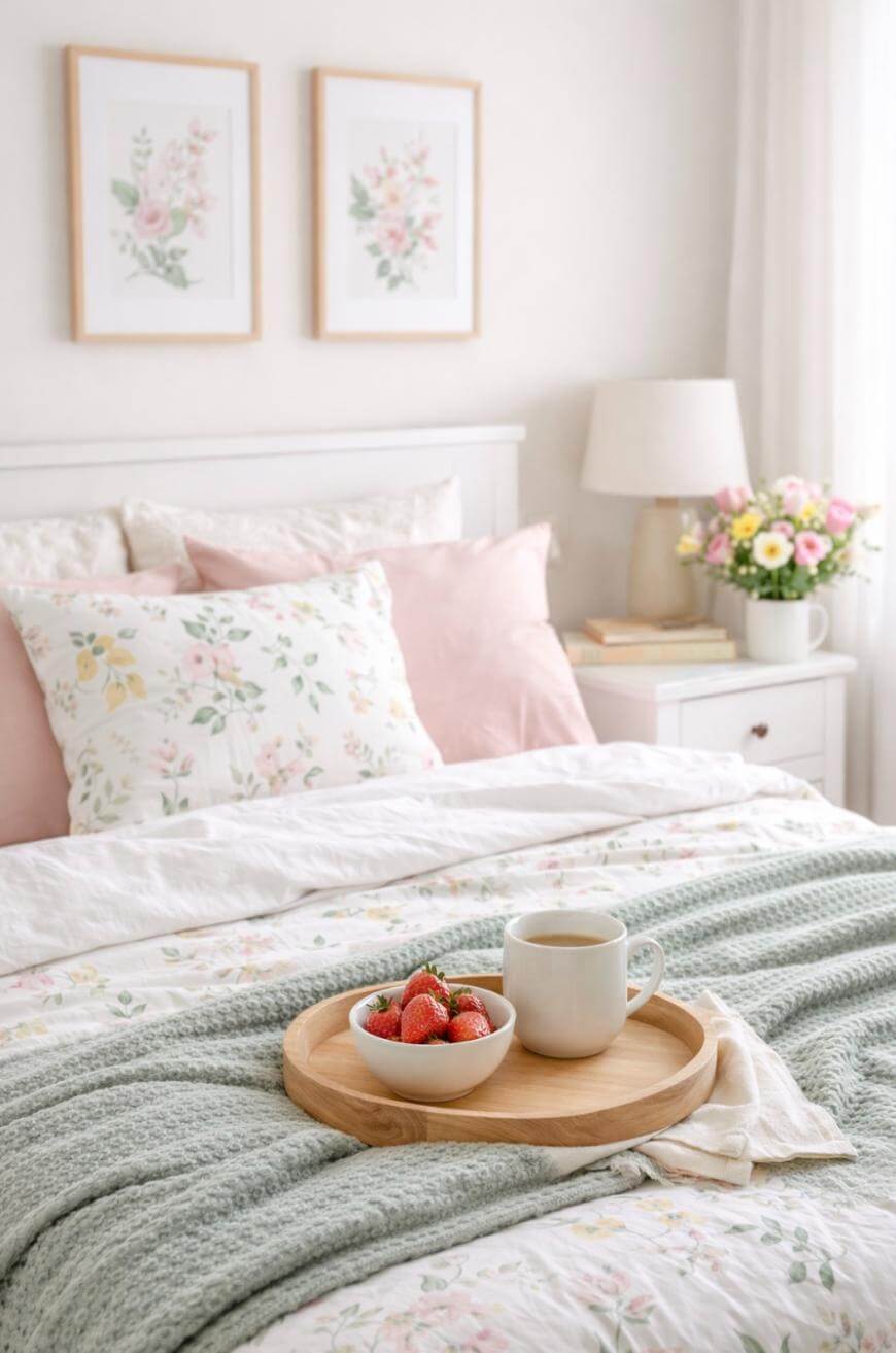 A cozy, light-filled bedroom with a floral-patterned bedspread, pink and white pillows, and two floral prints above the bed. On the bed is a tray holding a bowl of strawberries and a mug. A vase of flowers sits on a nightstand.